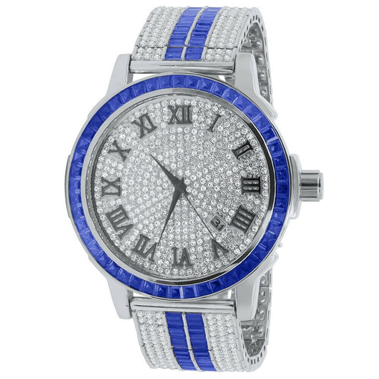 Solid Stainless Steel Baguette Solitaire Bezel Roman Dial Blue Band Mens White Gold Watch