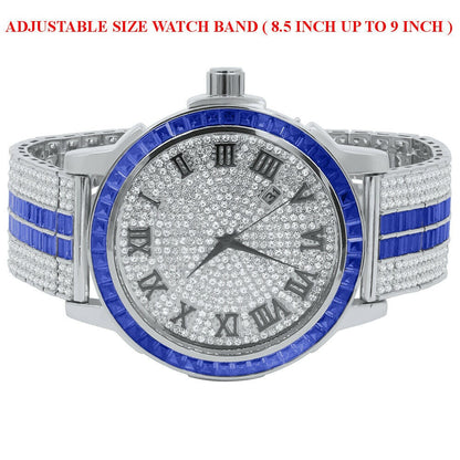 Solid Stainless Steel Baguette Solitaire Bezel Roman Dial Blue Band Mens White Gold Watch