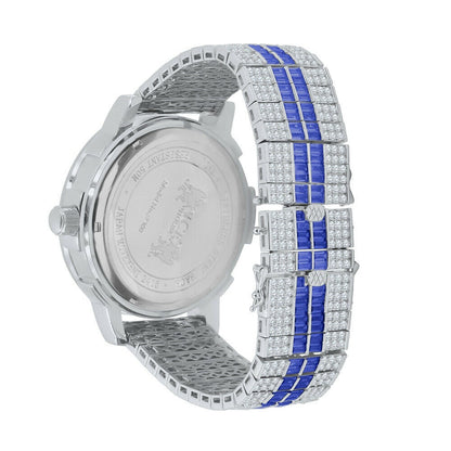 Solid Stainless Steel Baguette Solitaire Bezel Roman Dial Blue Band Mens White Gold Watch