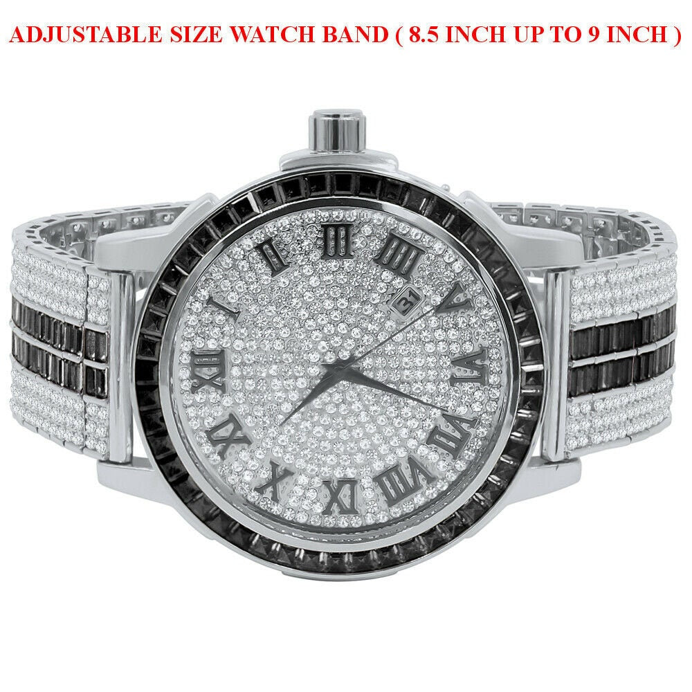 Roman Face Exclusive Custom Watch Mens Black Onyx Simulated Diamond Dial Solid Steel Custom Bezel Band 18K Gold Tone