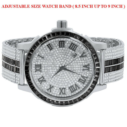 Roman Face Exclusive Custom Watch Mens Black Onyx Simulated Diamond Dial Solid Steel Custom Bezel Band 18K Gold Tone