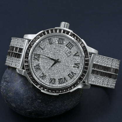 Roman Face Exclusive Custom Watch Mens Black Onyx Simulated Diamond Dial Solid Steel Custom Bezel Band 18K Gold Tone