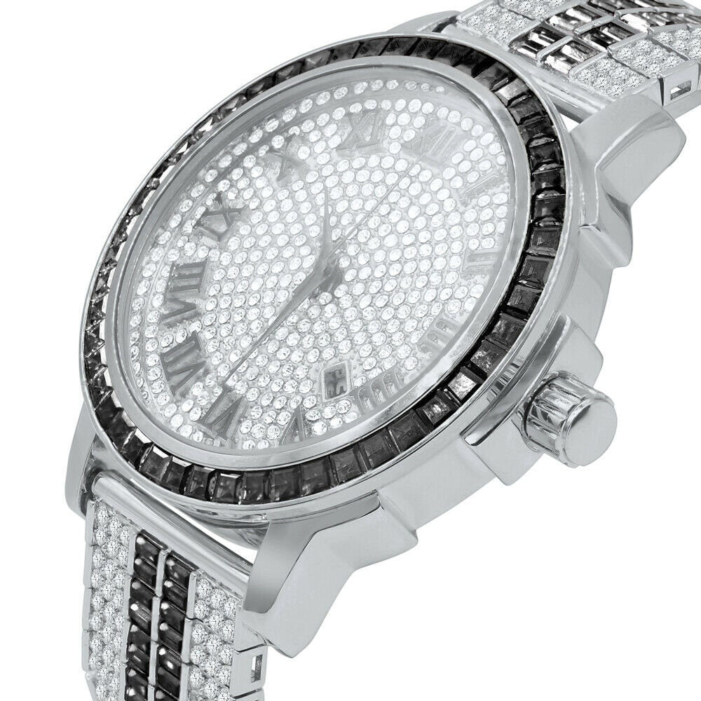 Roman Face Exclusive Custom Watch Mens Black Onyx Simulated Diamond Dial Solid Steel Custom Bezel Band 18K Gold Tone