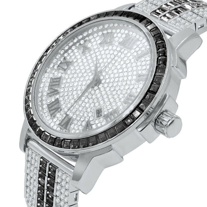 Roman Face Exclusive Custom Watch Mens Black Onyx Simulated Diamond Dial Solid Steel Custom Bezel Band 18K Gold Tone