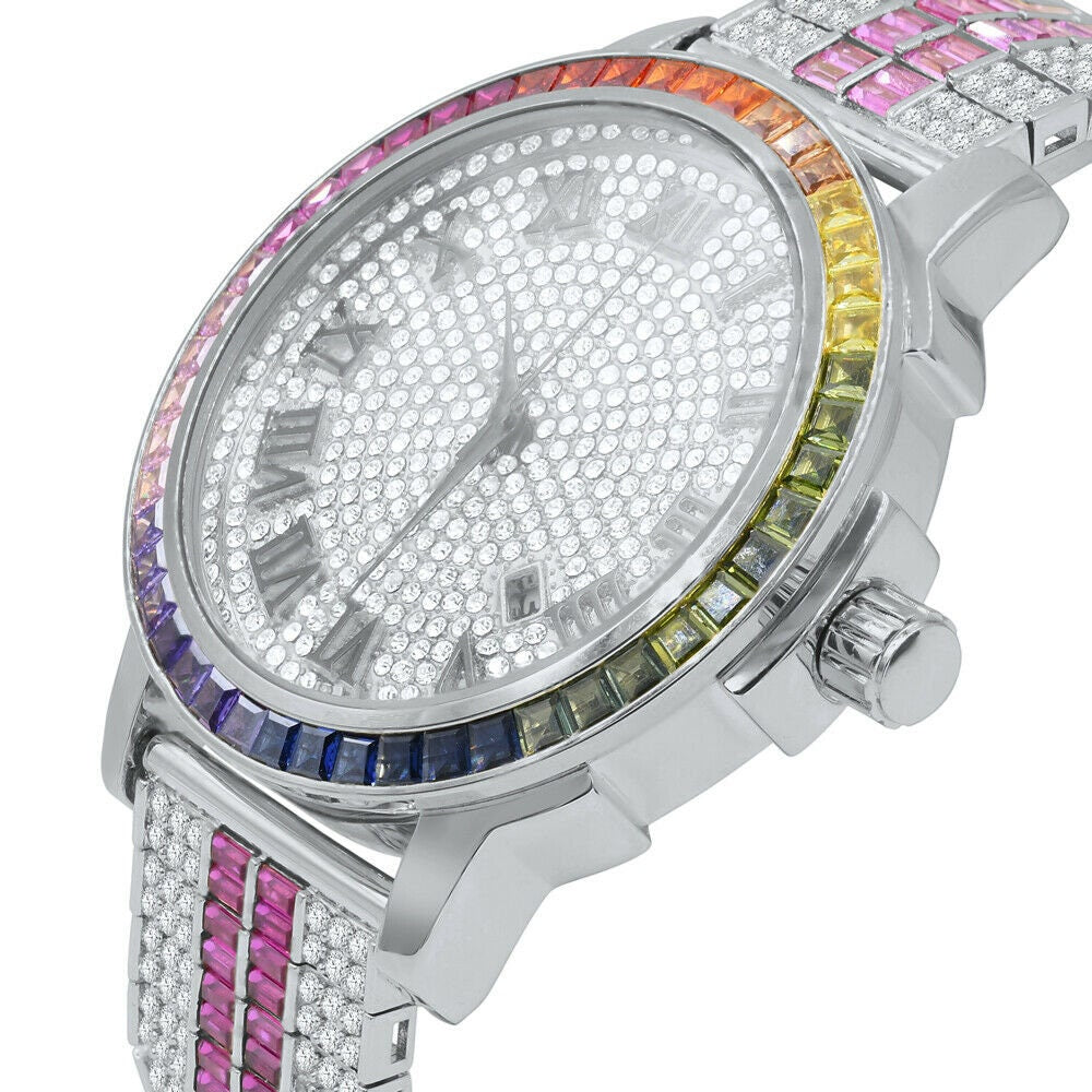 18K White Gold Finish Roman Face Rainbow Multi Dial Solid Steel Bezel Lab Diamond Watch W/Date