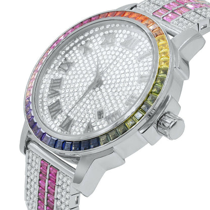 18K White Gold Finish Roman Face Rainbow Multi Dial Solid Steel Bezel Lab Diamond Watch W/Date