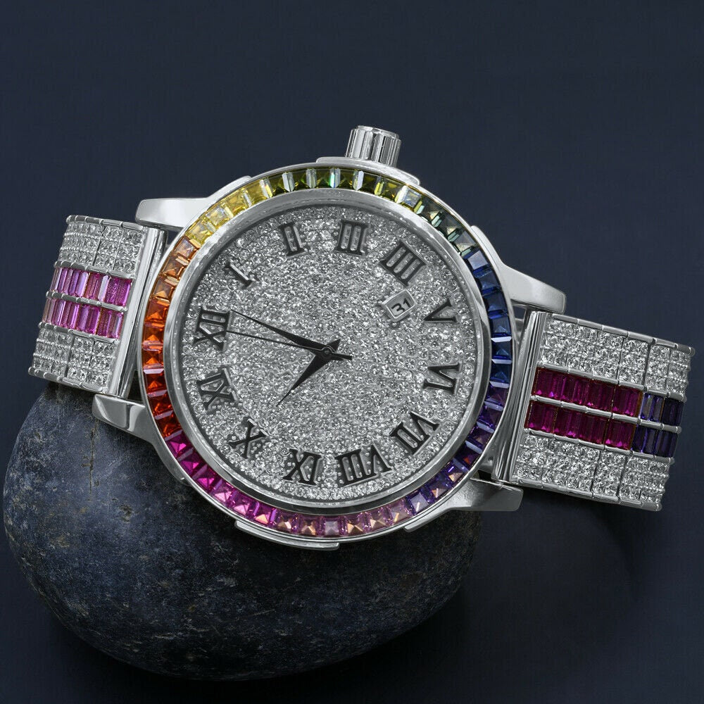 18K White Gold Finish Roman Face Rainbow Multi Dial Solid Steel Bezel Lab Diamond Watch W/Date
