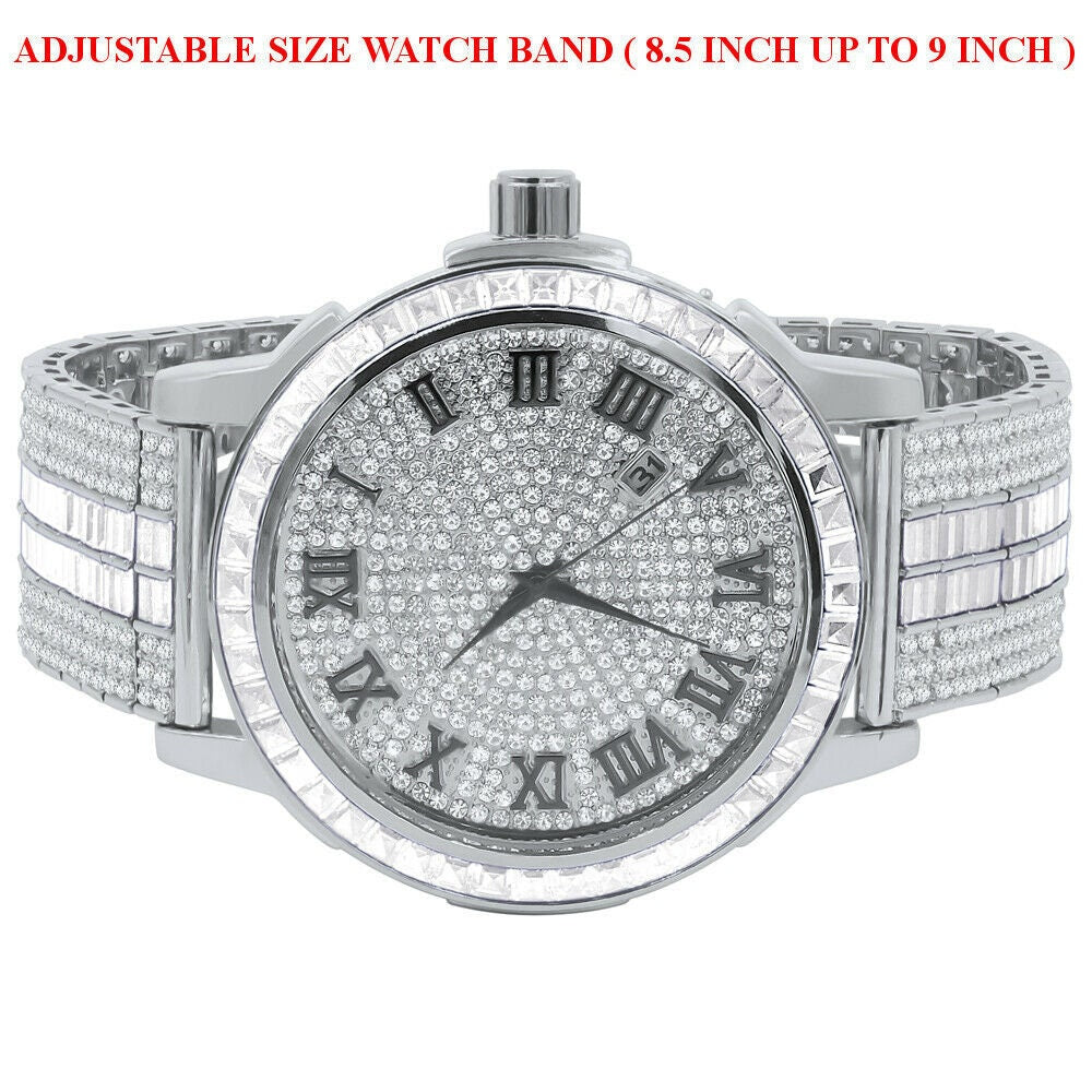Mens 18K White Gold Finish Simulated Diamonds Adjustable Custom Band Watch Solid Steel Baguette Solitaire Bezel W/Date