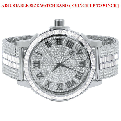 Mens 18K White Gold Finish Simulated Diamonds Adjustable Custom Band Watch Solid Steel Baguette Solitaire Bezel W/Date