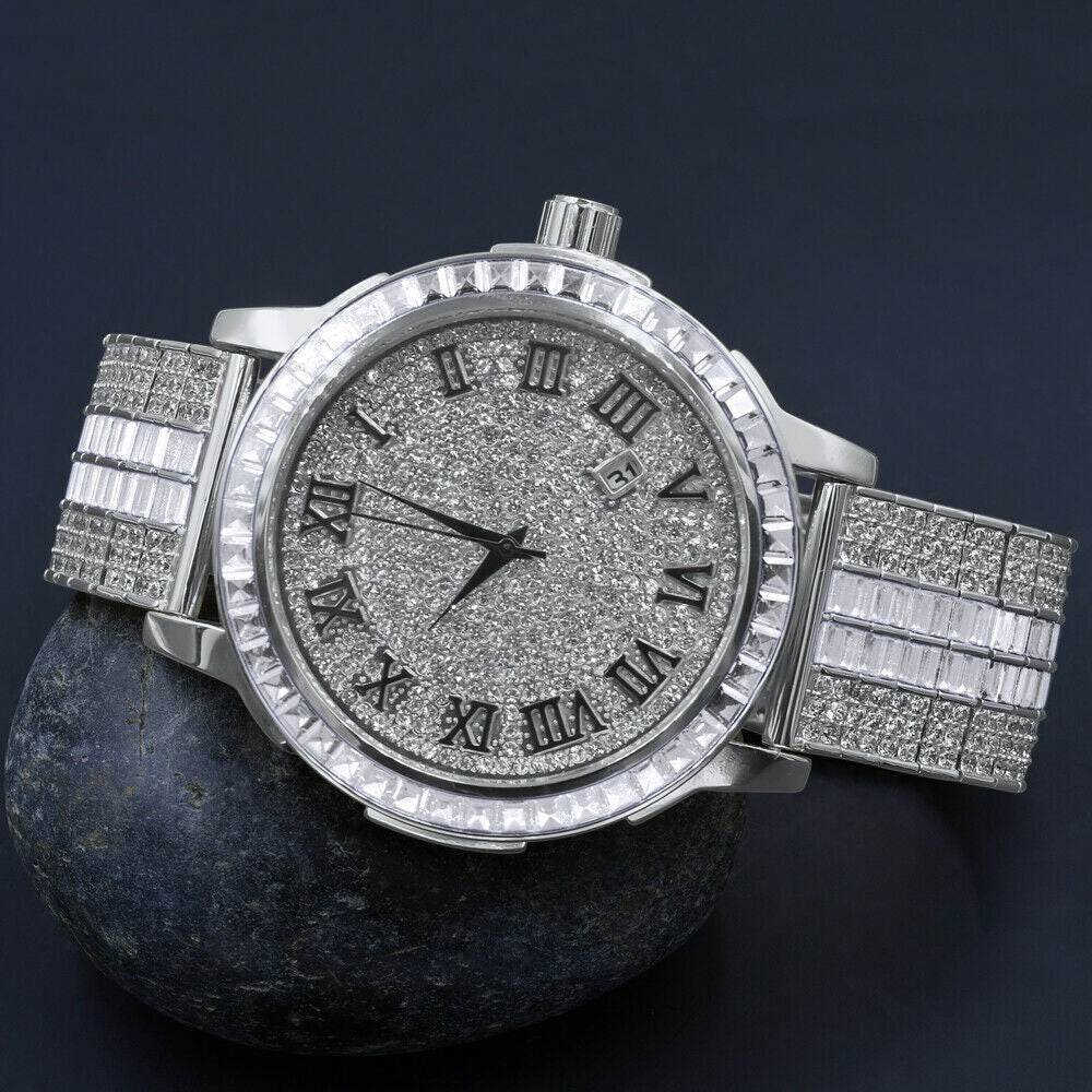 Mens 18K White Gold Finish Simulated Diamonds Adjustable Custom Band Watch Solid Steel Baguette Solitaire Bezel W/Date