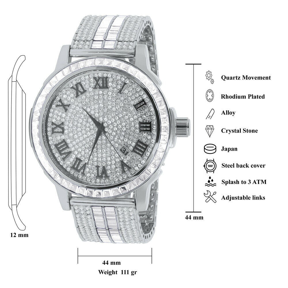 Mens 18K White Gold Finish Simulated Diamonds Adjustable Custom Band Watch Solid Steel Baguette Solitaire Bezel W/Date