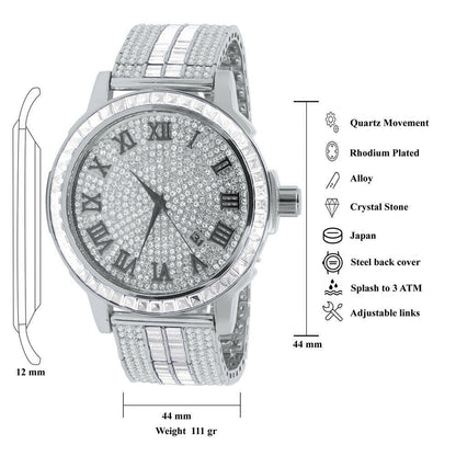 Mens 18K White Gold Finish Simulated Diamonds Adjustable Custom Band Watch Solid Steel Baguette Solitaire Bezel W/Date