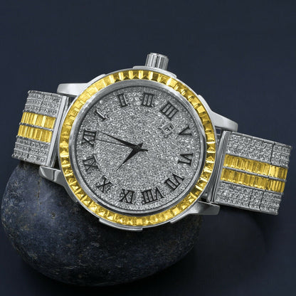 Solid Stainless Steel Bezel Lemonade Canary White Gold Finish Lab  Diamond Dial Gold Finish Custom Band Watch W/Date
