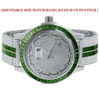 Solid Stainless Steel Baguette Solitaire Bezel Adjustable Custom Band Watch Emerald Green 18K White Gold finish