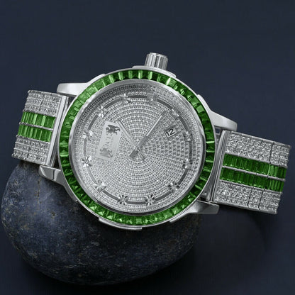 Solid Stainless Steel Baguette Solitaire Bezel Adjustable Custom Band Watch Emerald Green 18K White Gold finish