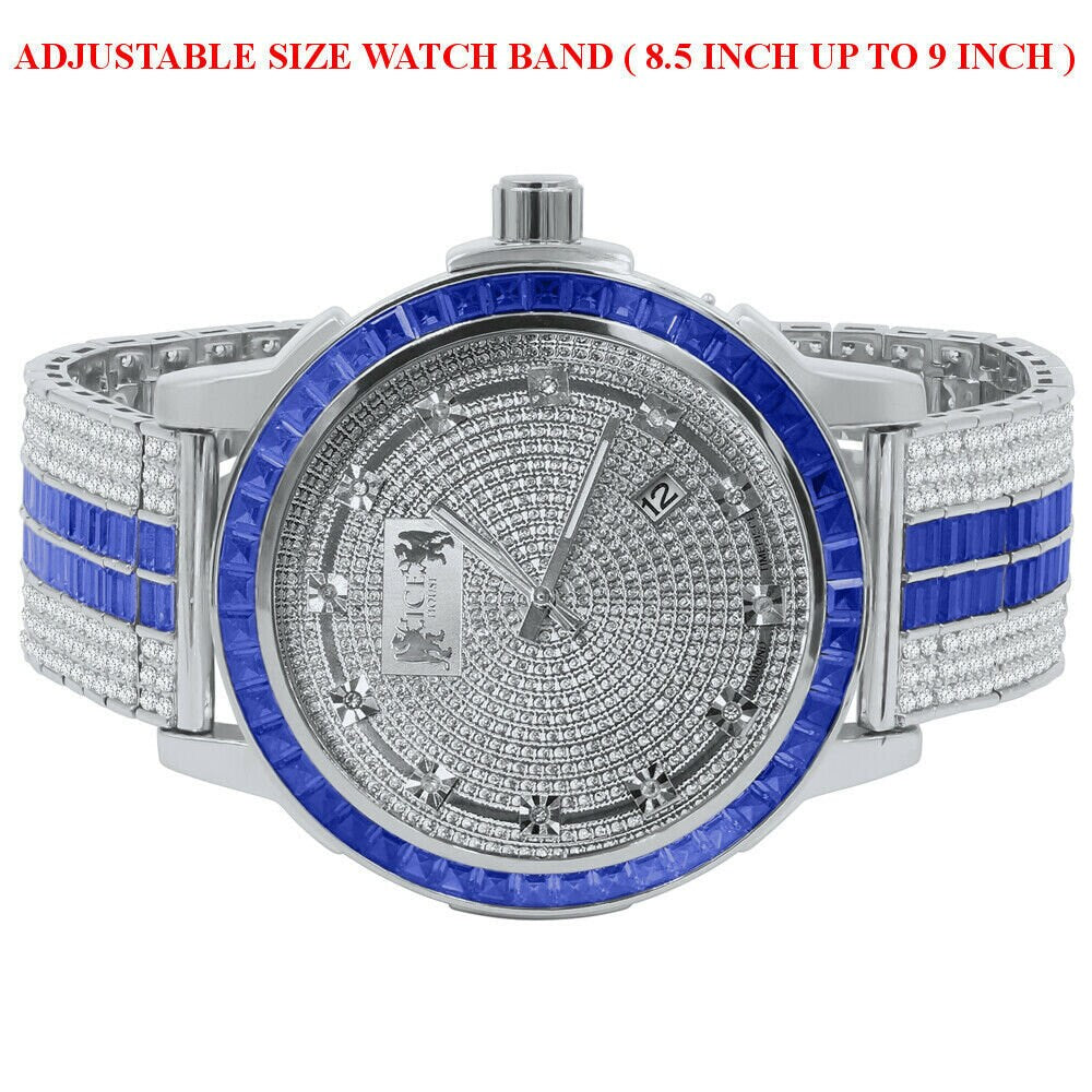 Genuine Real Diamond Dial Sapphire Blue White Gold Tone Mens Watch W/Date Adjustable Custom Band Stainless Steel Baguette Bezel