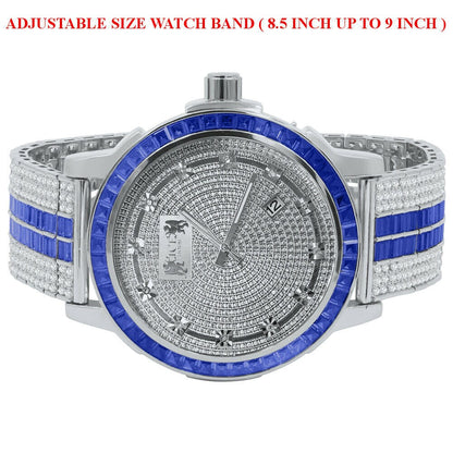 Genuine Real Diamond Dial Sapphire Blue White Gold Tone Mens Watch W/Date Adjustable Custom Band Stainless Steel Baguette Bezel