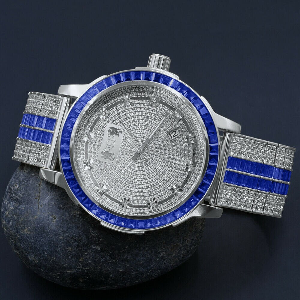 Genuine Real Diamond Dial Sapphire Blue White Gold Tone Mens Watch W/Date Adjustable Custom Band Stainless Steel Baguette Bezel