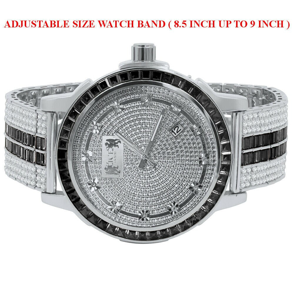 Exclusive Custom Watch Mens Black Onyx Real Diamond Dial Solid Steel Custom Bezel Band 18K White Gold Tone
