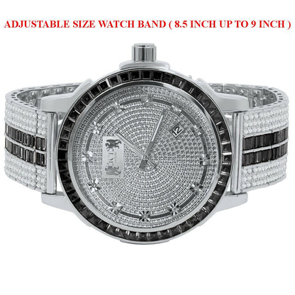 Exclusive Custom Watch Mens Black Onyx Real Diamond Dial Solid Steel Custom Bezel Band 18K White Gold Tone