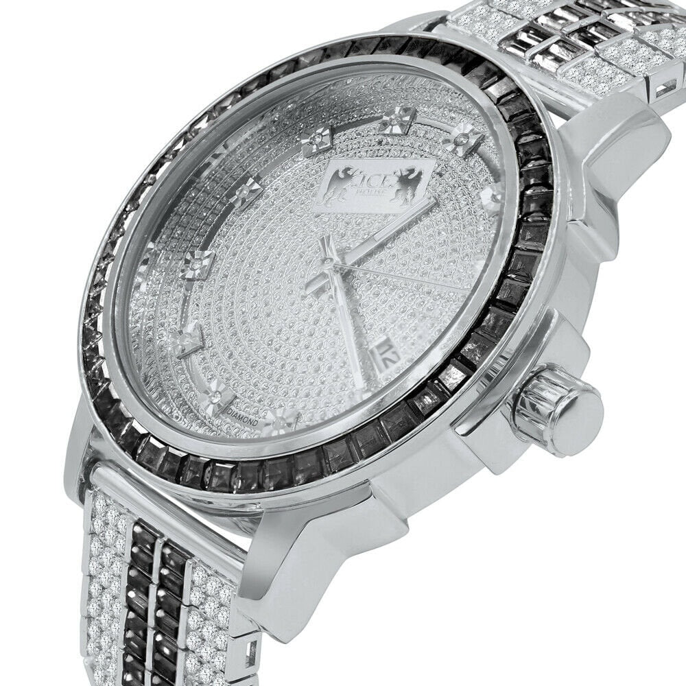 Exclusive Custom Watch Mens Black Onyx Real Diamond Dial Solid Steel Custom Bezel Band 18K White Gold Tone