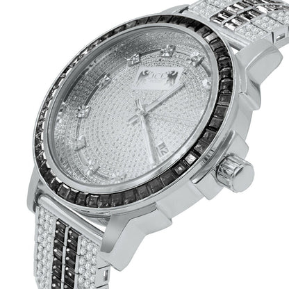 Exclusive Custom Watch Mens Black Onyx Real Diamond Dial Solid Steel Custom Bezel Band 18K White Gold Tone