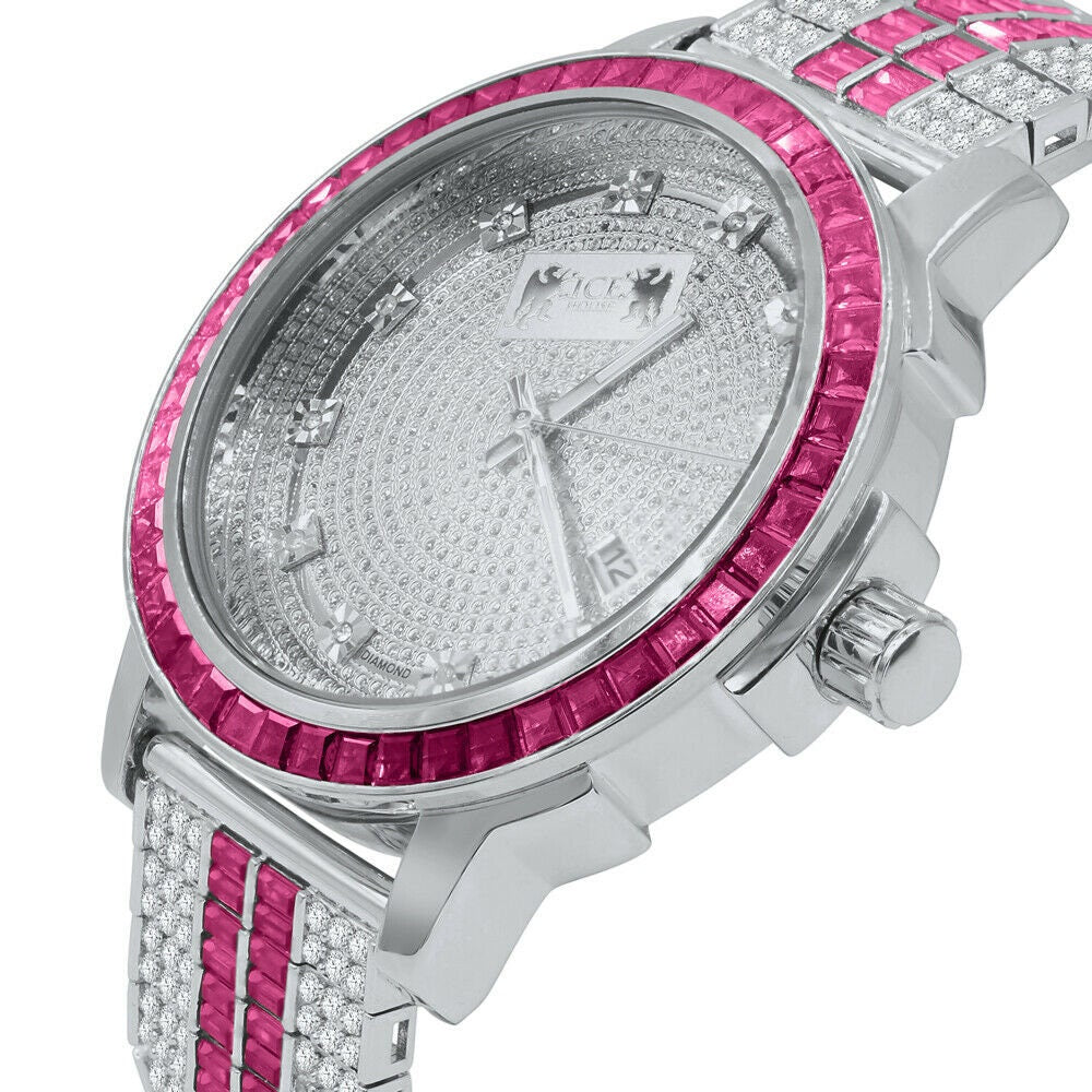Pink Tourmaline Real Genuine Diamond Dial Stainless Steel Face Custom Bezel White Gold Tone Adjustable Band Watch W/Date