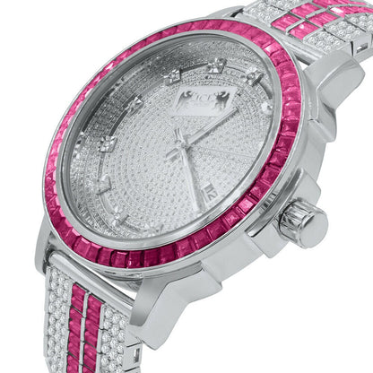 Pink Tourmaline Real Genuine Diamond Dial Stainless Steel Face Custom Bezel White Gold Tone Adjustable Band Watch W/Date