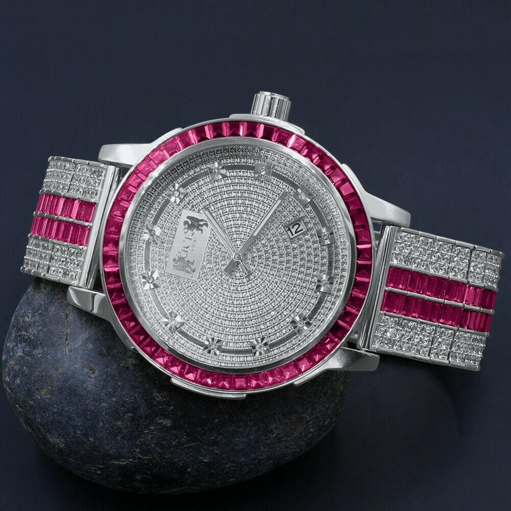 Pink Tourmaline Real Genuine Diamond Dial Stainless Steel Face Custom Bezel White Gold Tone Adjustable Band Watch W/Date