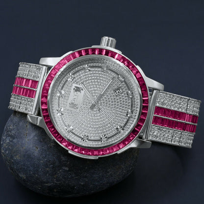 Pink Tourmaline Real Genuine Diamond Dial Stainless Steel Face Custom Bezel White Gold Tone Adjustable Band Watch W/Date
