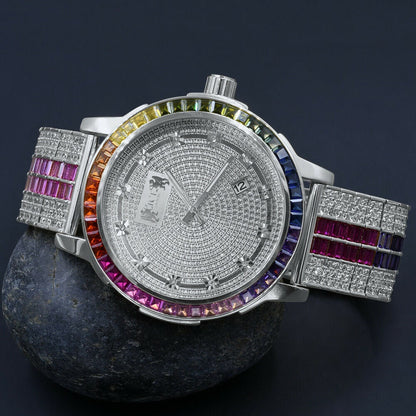 Solid Stainless Steel Bezel White Gold Finish Rainbow Multi Tone Mens Watch Real Diamond Dial W/Date Function