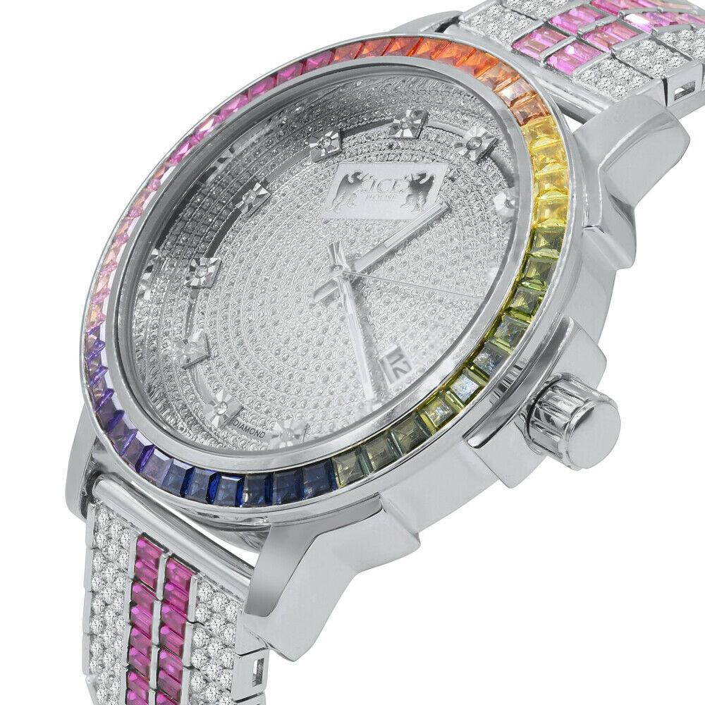 Solid Stainless Steel Bezel White Gold Finish Rainbow Multi Tone Mens Watch Real Diamond Dial W/Date Function