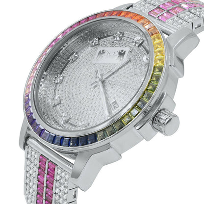 Solid Stainless Steel Bezel White Gold Finish Rainbow Multi Tone Mens Watch Real Diamond Dial W/Date Function