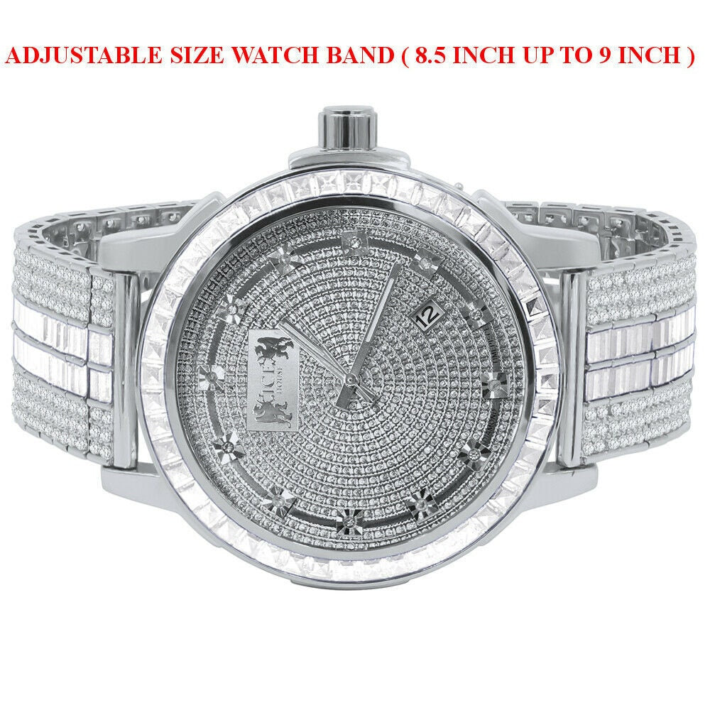 Genuine Diamond Dial Custom Mens Watch 18K White Gold Finish Solid Stainless Steel Bezel W/Date Function Adjustable Band