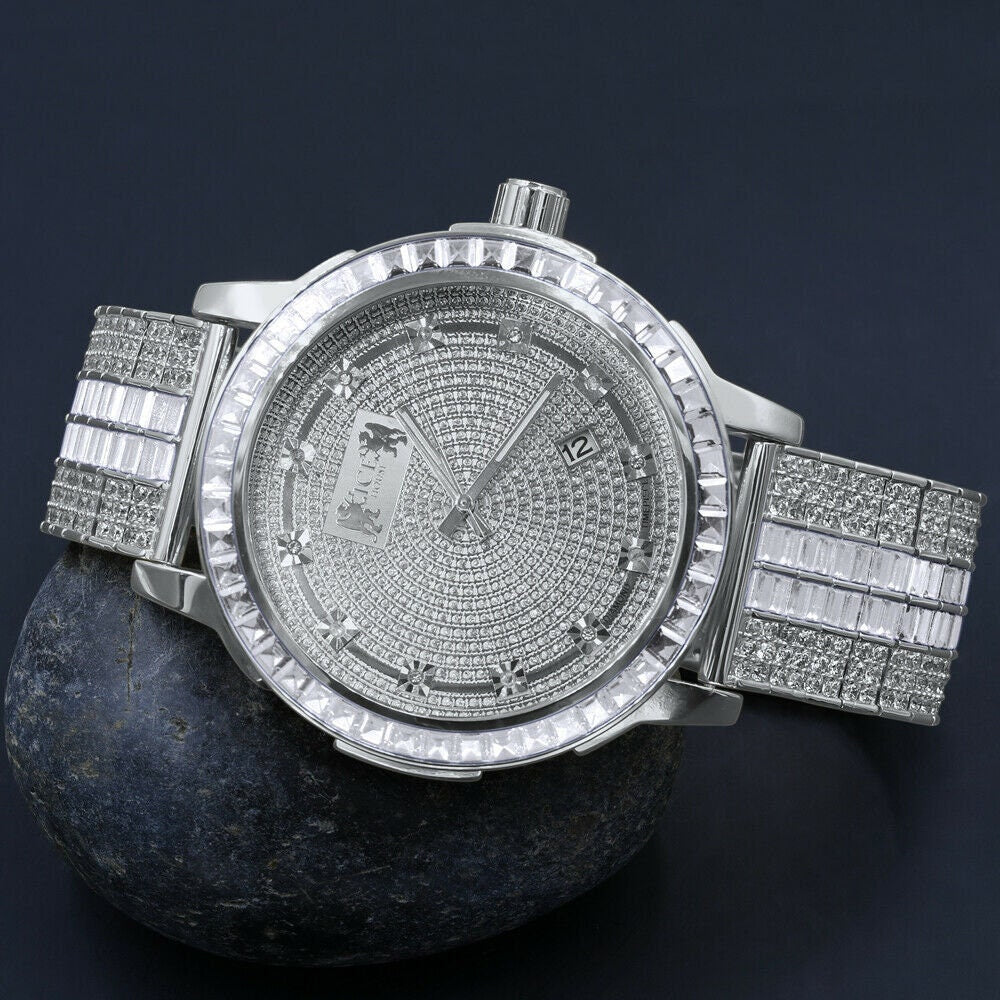 Genuine Diamond Dial Custom Mens Watch 18K White Gold Finish Solid Stainless Steel Bezel W/Date Function Adjustable Band