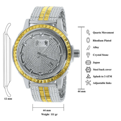 Lemonade Canary 18K White Gold Finish Real Diamond Dial Gold Finish Mens Custom Band Watch W/Date Solid Steel Bezel
