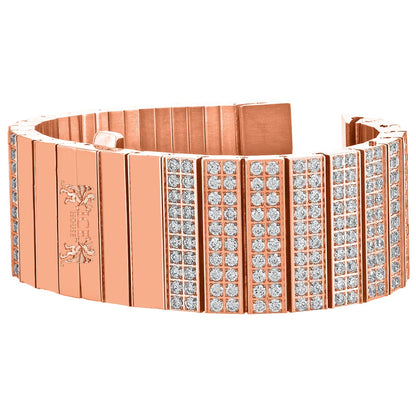 Men's 133+ Grams Solid Stainless Steel 18K Rose Gold Finish CNC Set 18.00 Cwt. Simulated Diamond Custom Watch Band 24mm
