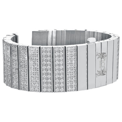 Men's 133+ Grams Solid Stainless Steel 18K White Gold Finish CNC Set 18.00 Cwt. Simulated Diamond Custom Watch Band 24mm