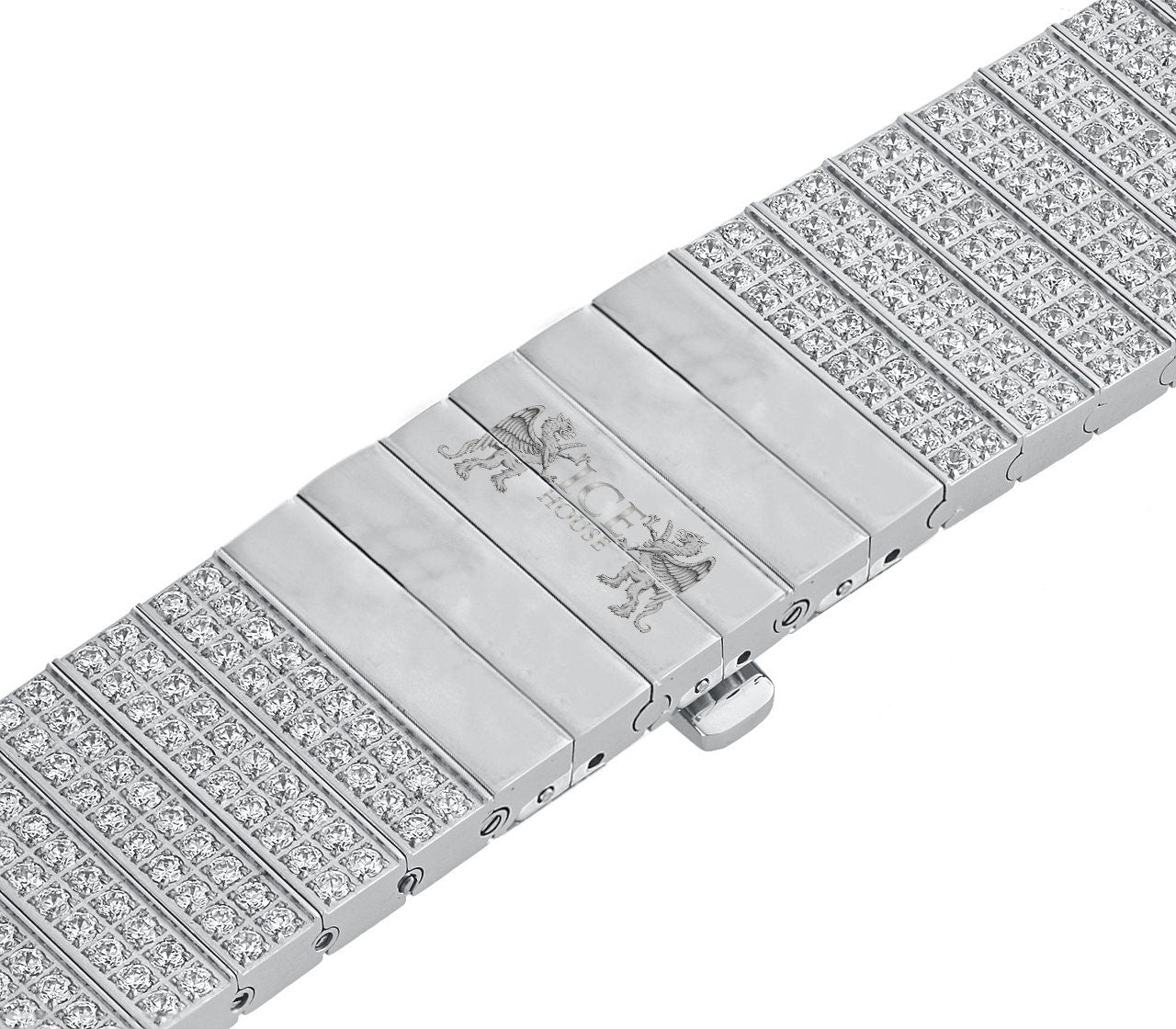 Men's 133+ Grams Solid Stainless Steel 18K White Gold Finish CNC Set 18.00 Cwt. Simulated Diamond Custom Watch Band 24mm