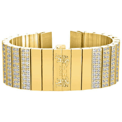 Men's 133+ Grams Solid Stainless Steel 18K Yellow Gold Finish CNC Set 18.00 Cwt. Simulated Diamond Custom Watch Band 24mm