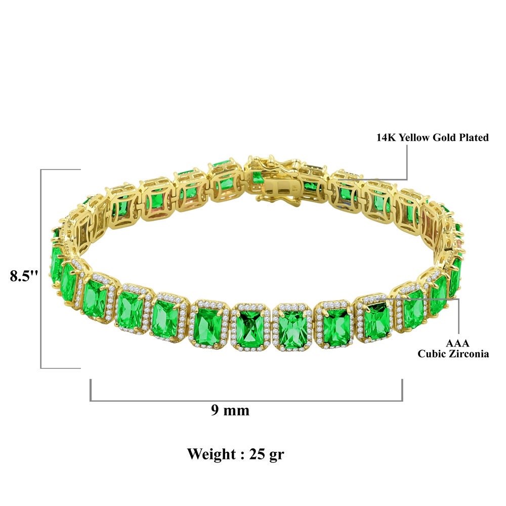 25+ Grams 14K Yellow Gold Finish Emerald Green 6.00 Cwt. Simulated Diamonds Solitaire Men's Ladies Tennis Link Bracelet 10mm / 8.5 Inch