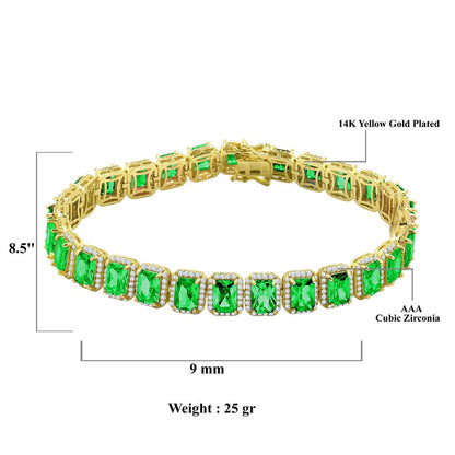 25+ Grams 14K Yellow Gold Finish Emerald Green 6.00 Cwt. Simulated Diamonds Solitaire Men's Ladies Tennis Link Bracelet 10mm / 8.5 Inch