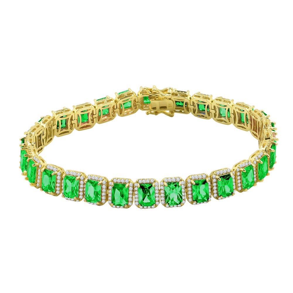 25+ Grams 14K Yellow Gold Finish Emerald Green 6.00 Cwt. Simulated Diamonds Solitaire Men's Ladies Tennis Link Bracelet 10mm / 8.5 Inch