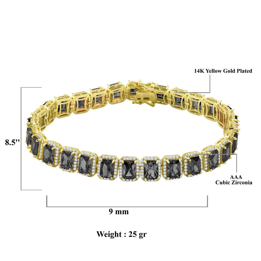 25+ Grams 14K Yellow Gold Finish Onyx Black 6.00 Cwt. Simulated Diamonds Solitaire Men's Ladies Unisex Tennis Link Bracelet 10mm / 8.5 Inch