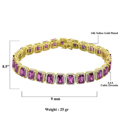 25+ Grams 14K Yellow Gold Over Purple Amethyst 6.00 Cwt. Simulated Diamonds Solitaire Men's Ladies Unisex Tennis Link Bracelet 10mm/8.5 Inch