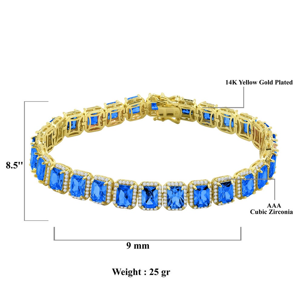 25+ Grams 14K Yellow Gold Over Blue Sapphire 6.00 Cwt. Simulated Diamonds Solitaire Men's Ladies Unisex Tennis Link Bracelet 10mm / 8.5 Inch