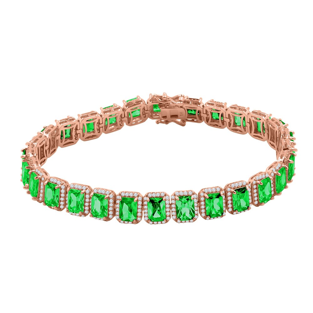 14K Rose Gold Finish Emerald Green Simulated Diamonds Solitaire Mens Ladies Bracelet 10mm / 8.5 Inch