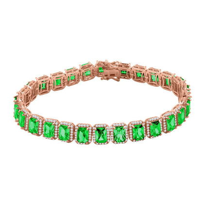 14K Rose Gold Finish Emerald Green Simulated Diamonds Solitaire Mens Ladies Bracelet 10mm / 8.5 Inch