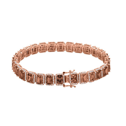 14K Rose Gold Finish Smokey Brown Topaz Simulated Diamonds Solitaire Mens Ladies Bracelet 10mm / 8.5 Inch
