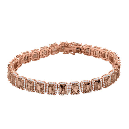14K Rose Gold Finish Smokey Brown Topaz Simulated Diamonds Solitaire Mens Ladies Bracelet 10mm / 8.5 Inch